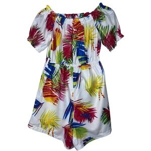 SHEIN Tropical Palm Leaf Print Romper White Off Shoulder Short Sleeve Size M